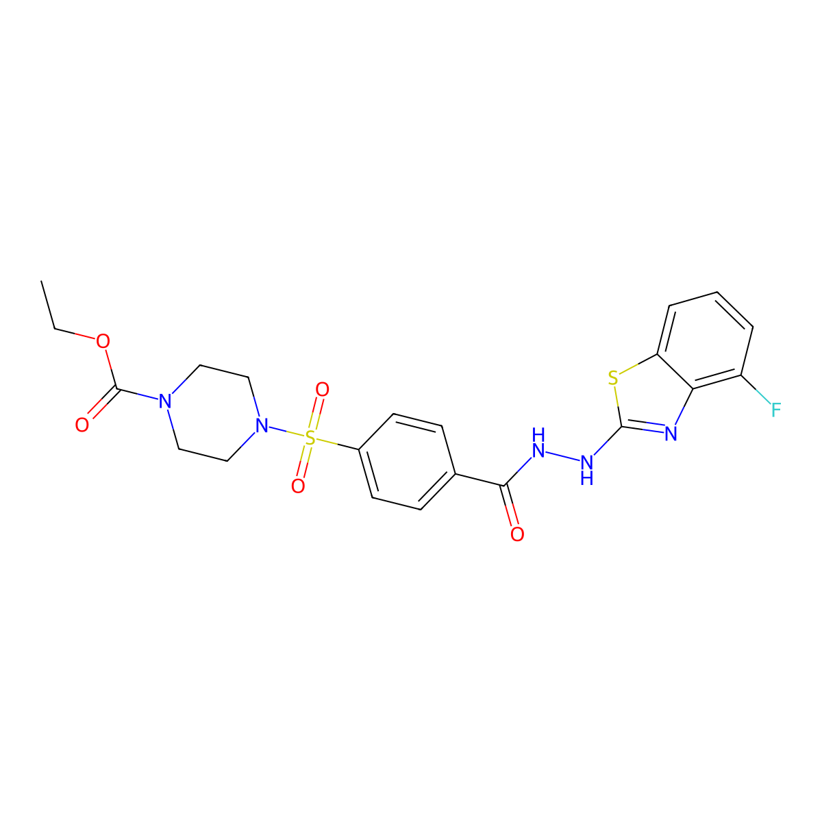 Ethyl 4-((4-(2-(4-fluorobenzo[d]thiazol-2-yl)hydrazinecarbonyl)phenyl)sulfonyl)piperazine-1-carboxylate molecular structure, CAS 851978-89-7