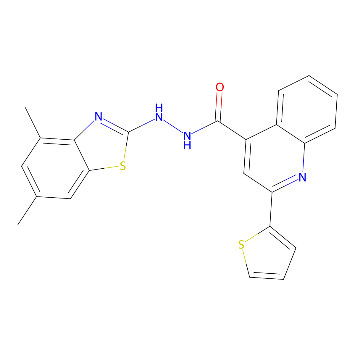 N'-(4,6-dimethylbenzo[d]thiazol-2-yl)-2-(thiophen-2-yl)quinoline-4-carbohydrazide molecular structure, CAS 851987-27-4