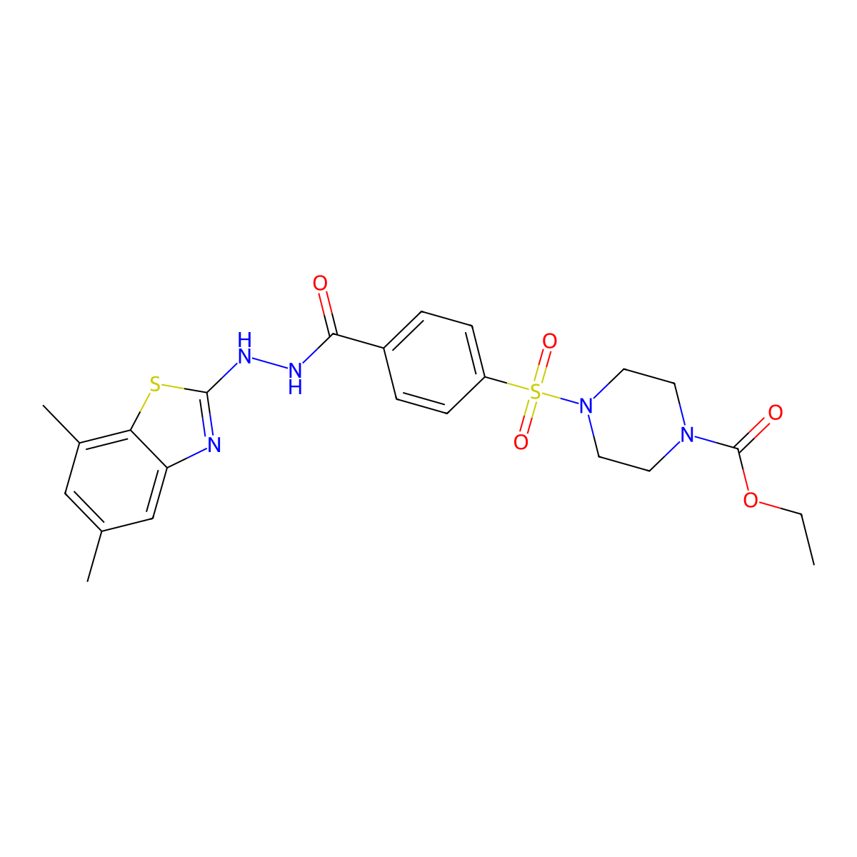 Ethyl 4-((4-(2-(5,7-dimethylbenzo[d]thiazol-2-yl)hydrazinecarbonyl)phenyl)sulfonyl)piperazine-1-carboxylate molecular structure, CAS 851987-61-6