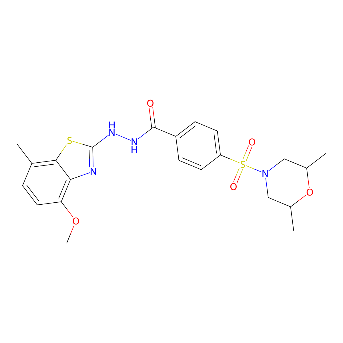 4-((2,6-dimethylmorpholino)sulfonyl)-N'-(4-methoxy-7-methylbenzo[d]thiazol-2-yl)benzohydrazide molecular structure, CAS 851987-81-0