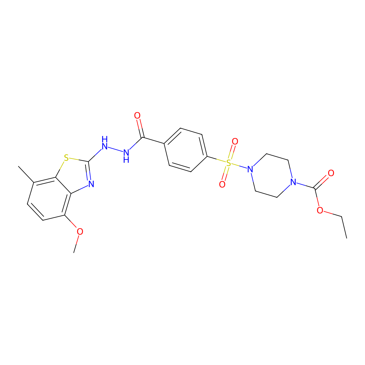 Ethyl 4-((4-(2-(4-methoxy-7-methylbenzo[d]thiazol-2-yl)hydrazinecarbonyl)phenyl)sulfonyl)piperazine-1-carboxylate molecular structure, CAS 851987-83-2