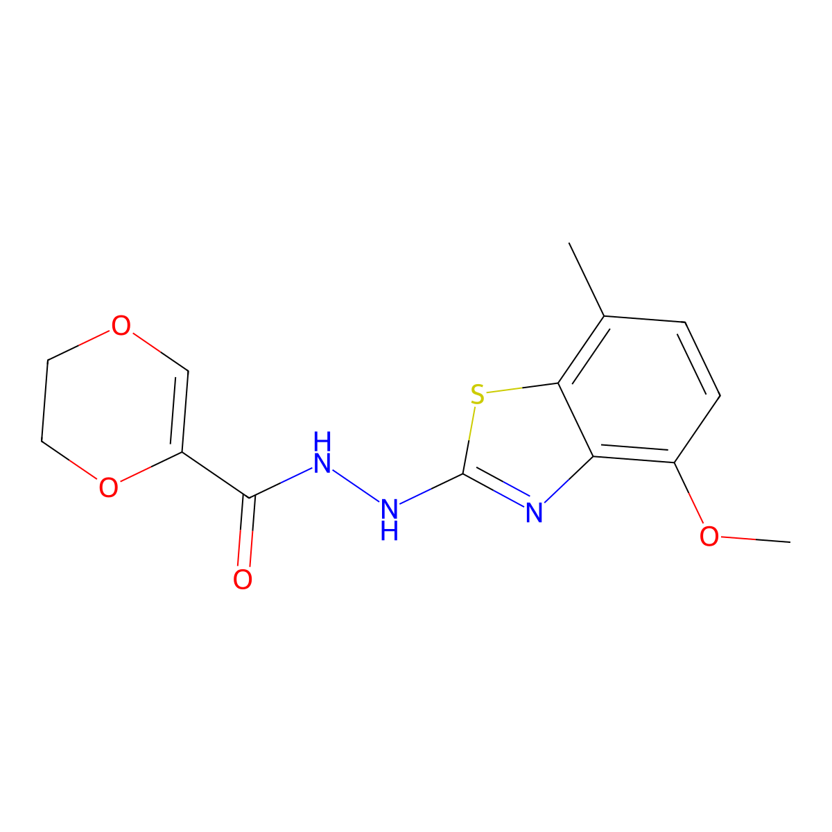 N'-(4-methoxy-7-methylbenzo[d]thiazol-2-yl)-5,6-dihydro-1,4-dioxine-2-carbohydrazide molecular structure, CAS 851987-87-6