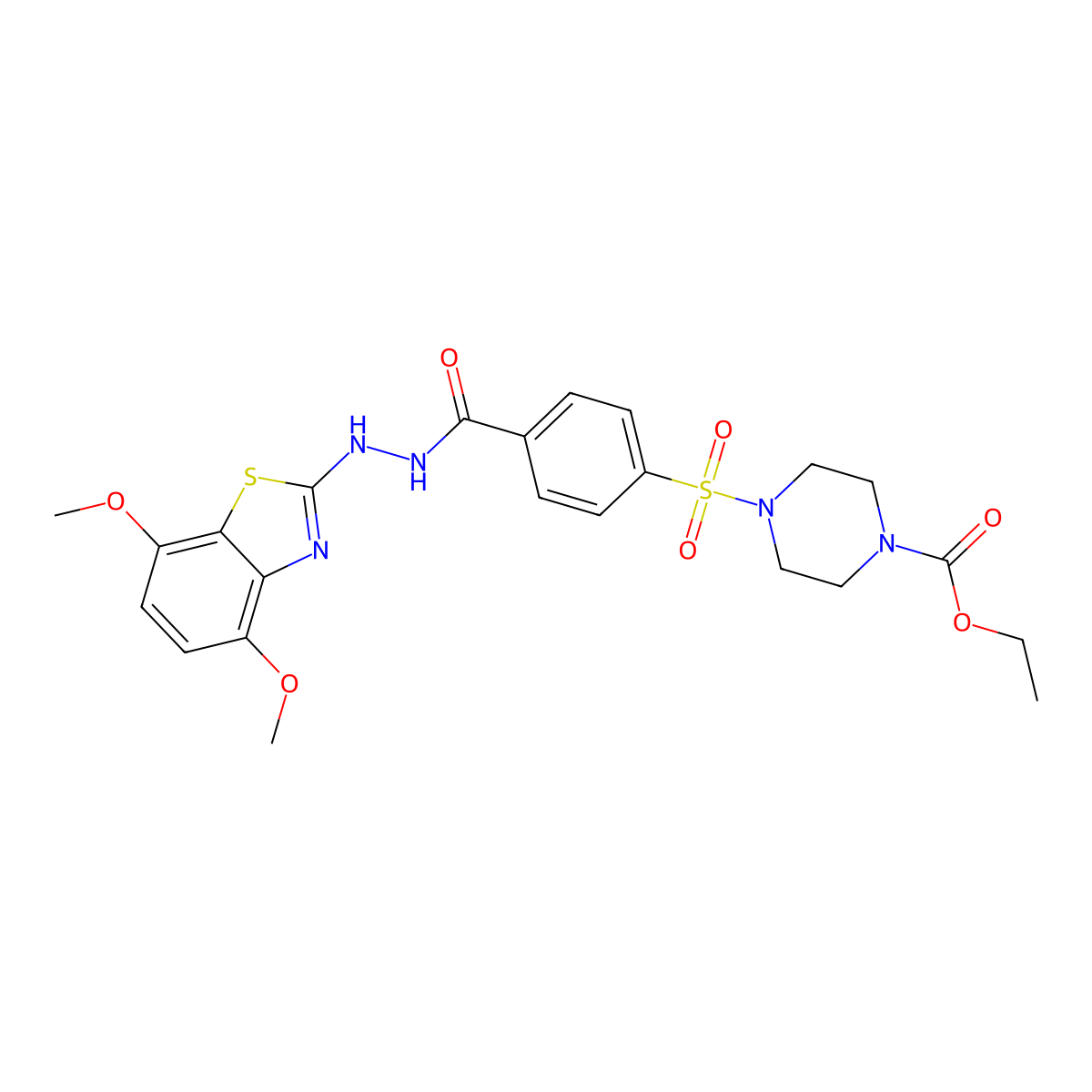 Ethyl 4-((4-(2-(4,7-dimethoxybenzo[d]thiazol-2-yl)hydrazinecarbonyl)phenyl)sulfonyl)piperazine-1-carboxylate molecular structure, CAS 851988-06-2