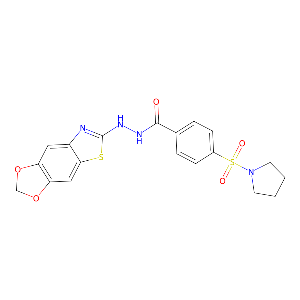 N'-{4,6-dioxa-10-thia-12-azatricyclo[7.3.0.0^{3,7}]dodeca-1(9),2,7,11-tetraen-11-yl}-4-(pyrrolidine-1-sulfonyl)benzohydrazide molecular structure, CAS 851988-58-4