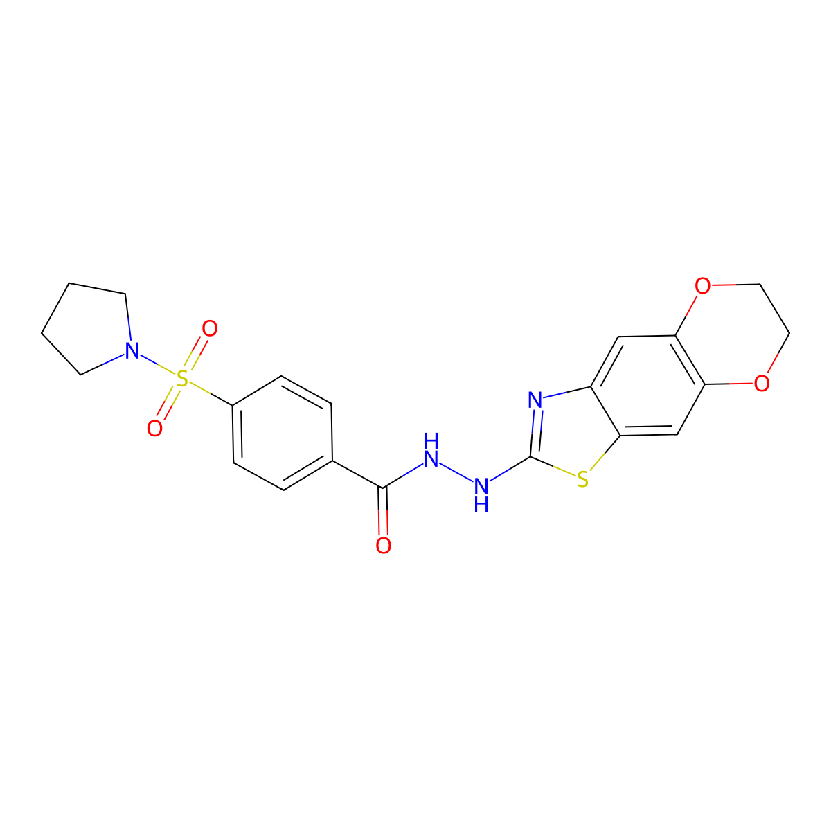 N'-(6,7-dihydro-[1,4]dioxino[2',3':4,5]benzo[1,2-d]thiazol-2-yl)-4-(pyrrolidin-1-ylsulfonyl)benzohydrazide molecular structure, CAS 851988-66-4
