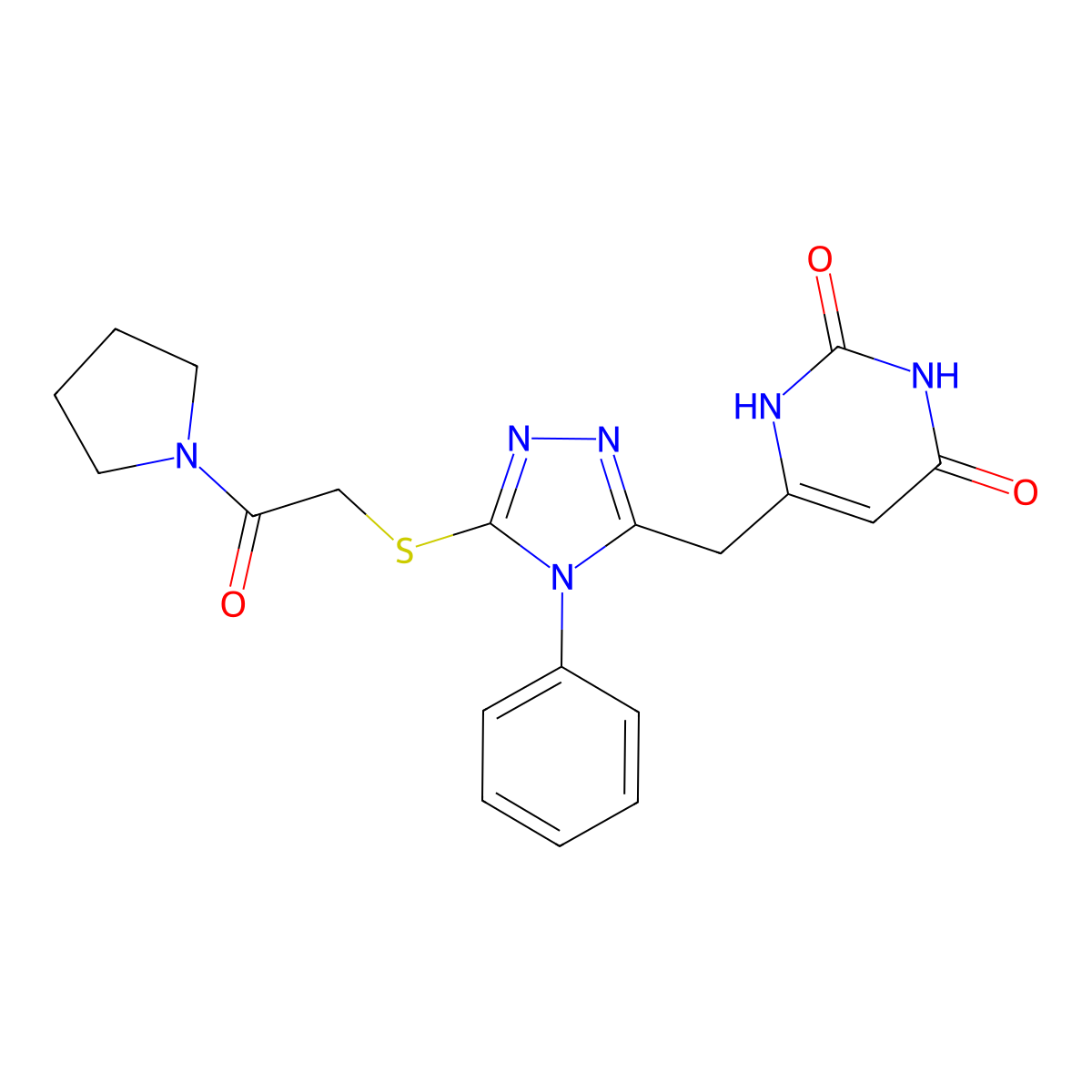 6-((5-((2-oxo-2-(pyrrolidin-1-yl)ethyl)thio)-4-phenyl-4H-1,2,4-triazol-3-yl)methyl)pyrimidine-2,4(1H,3H)-dione molecular structure, CAS 852046-51-6
