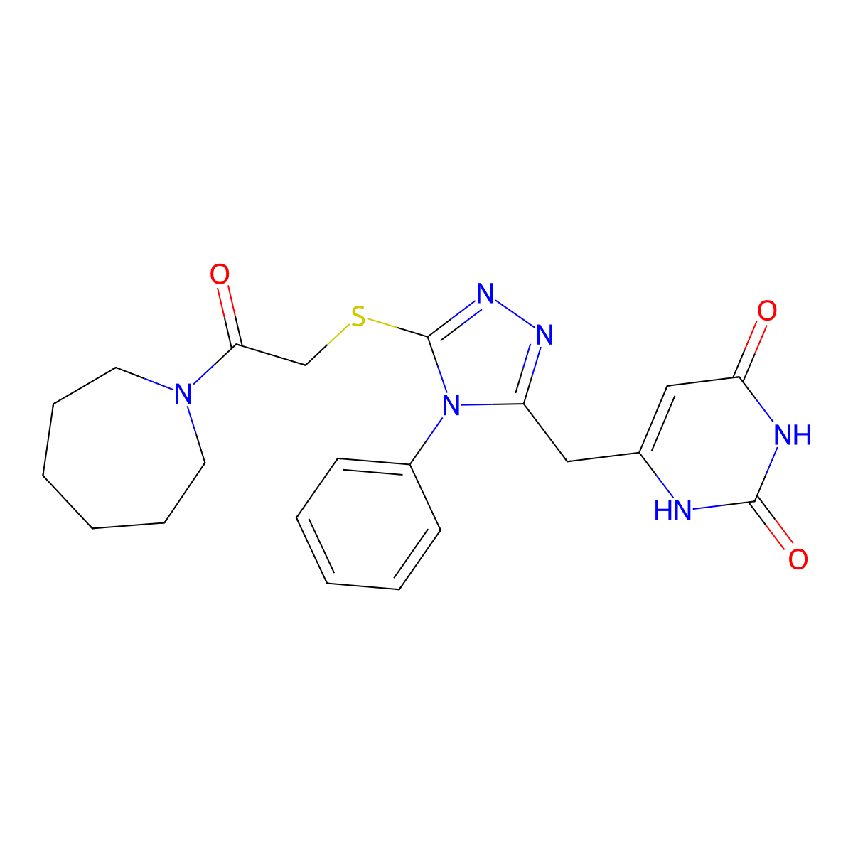 6-[[5-[2-(azepan-1-yl)-2-oxoethyl]sulfanyl-4-phenyl-1,2,4-triazol-3-yl]methyl]-1H-pyrimidine-2,4-dione molecular structure, CAS 852046-53-8