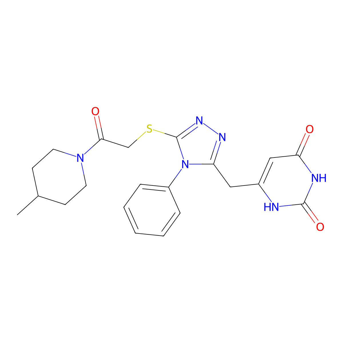 6-((5-((2-(4-methylpiperidin-1-yl)-2-oxoethyl)thio)-4-phenyl-4H-1,2,4-triazol-3-yl)methyl)pyrimidine-2,4(1H,3H)-dione molecular structure, CAS 852046-55-0