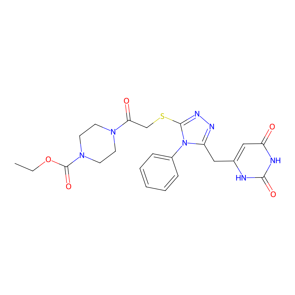 ethyl 4-(2-((5-((2,6-dioxo-1,2,3,6-tetrahydropyrimidin-4-yl)methyl)-4-phenyl-4H-1,2,4-triazol-3-yl)thio)acetyl)piperazine-1-carboxylate molecular structure, CAS 852046-56-1