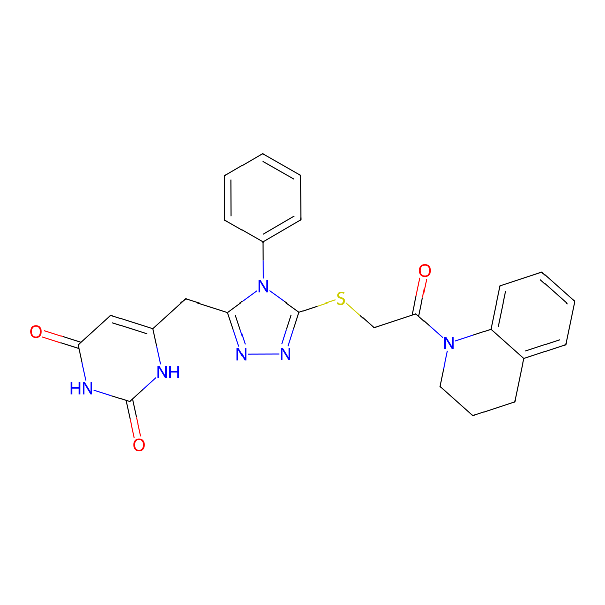 6-[[5-[2-(3,4-dihydro-2H-quinolin-1-yl)-2-oxoethyl]sulfanyl-4-phenyl-1,2,4-triazol-3-yl]methyl]-1H-pyrimidine-2,4-dione molecular structure, CAS 852046-57-2