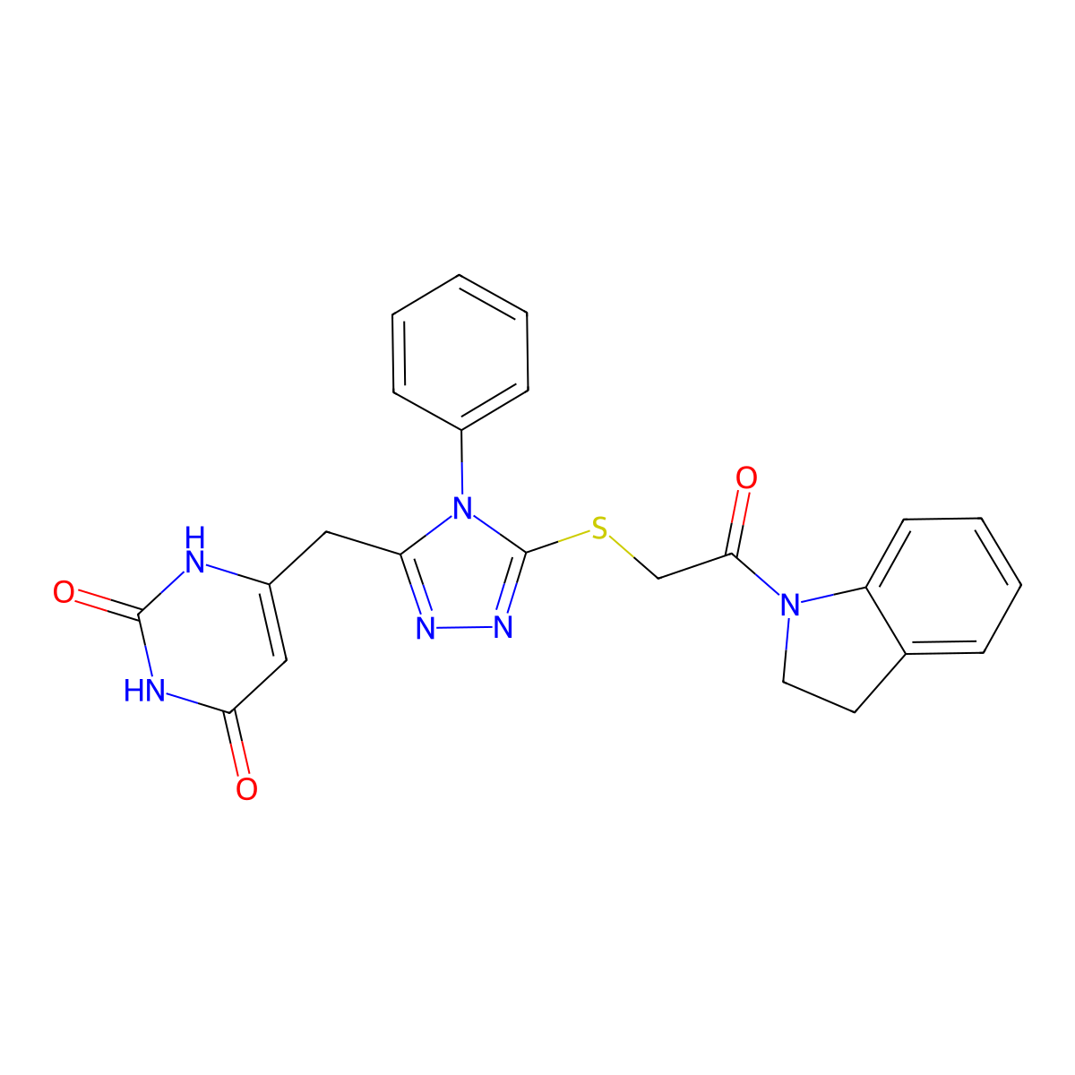 6-((5-((2-(indolin-1-yl)-2-oxoethyl)thio)-4-phenyl-4H-1,2,4-triazol-3-yl)methyl)pyrimidine-2,4(1H,3H)-dione molecular structure, CAS 852046-58-3