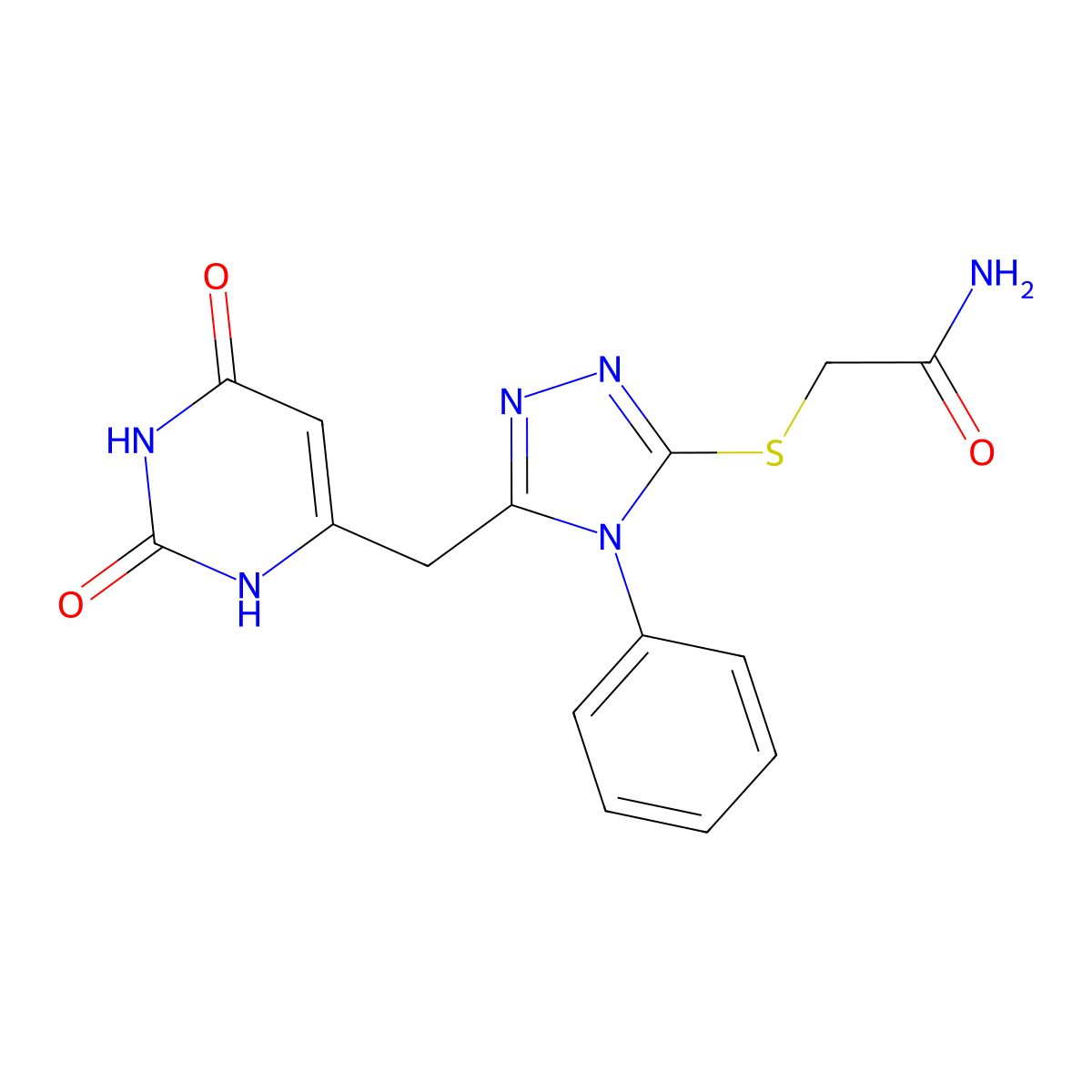2-[[5-[(2,4-dioxo-1H-pyrimidin-6-yl)methyl]-4-phenyl-1,2,4-triazol-3-yl]sulfanyl]acetamide molecular structure, CAS 852046-59-4