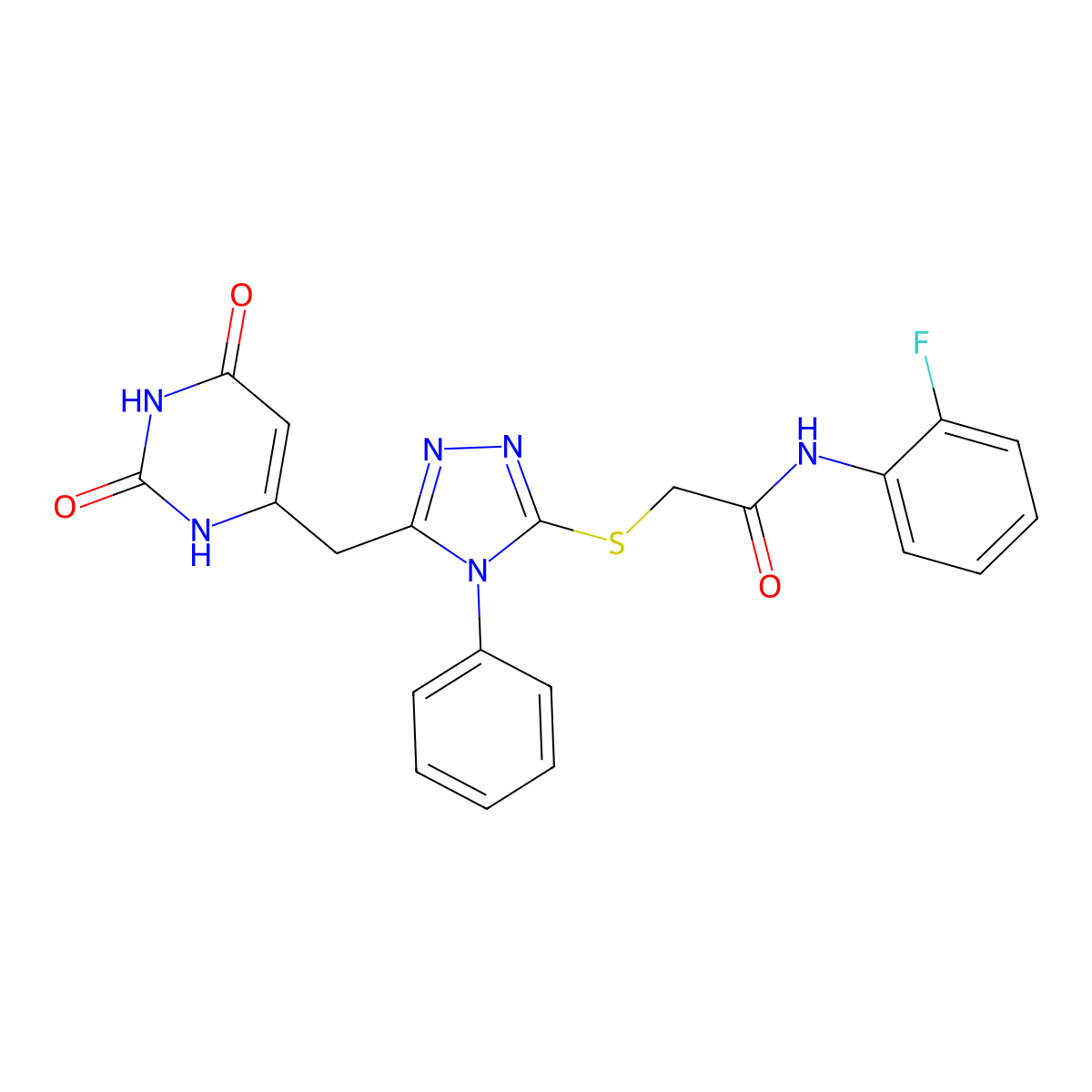 2-((5-((2,6-dioxo-1,2,3,6-tetrahydropyrimidin-4-yl)methyl)-4-phenyl-4H-1,2,4-triazol-3-yl)thio)-N-(2-fluorophenyl)acetamide molecular structure, CAS 852046-68-5