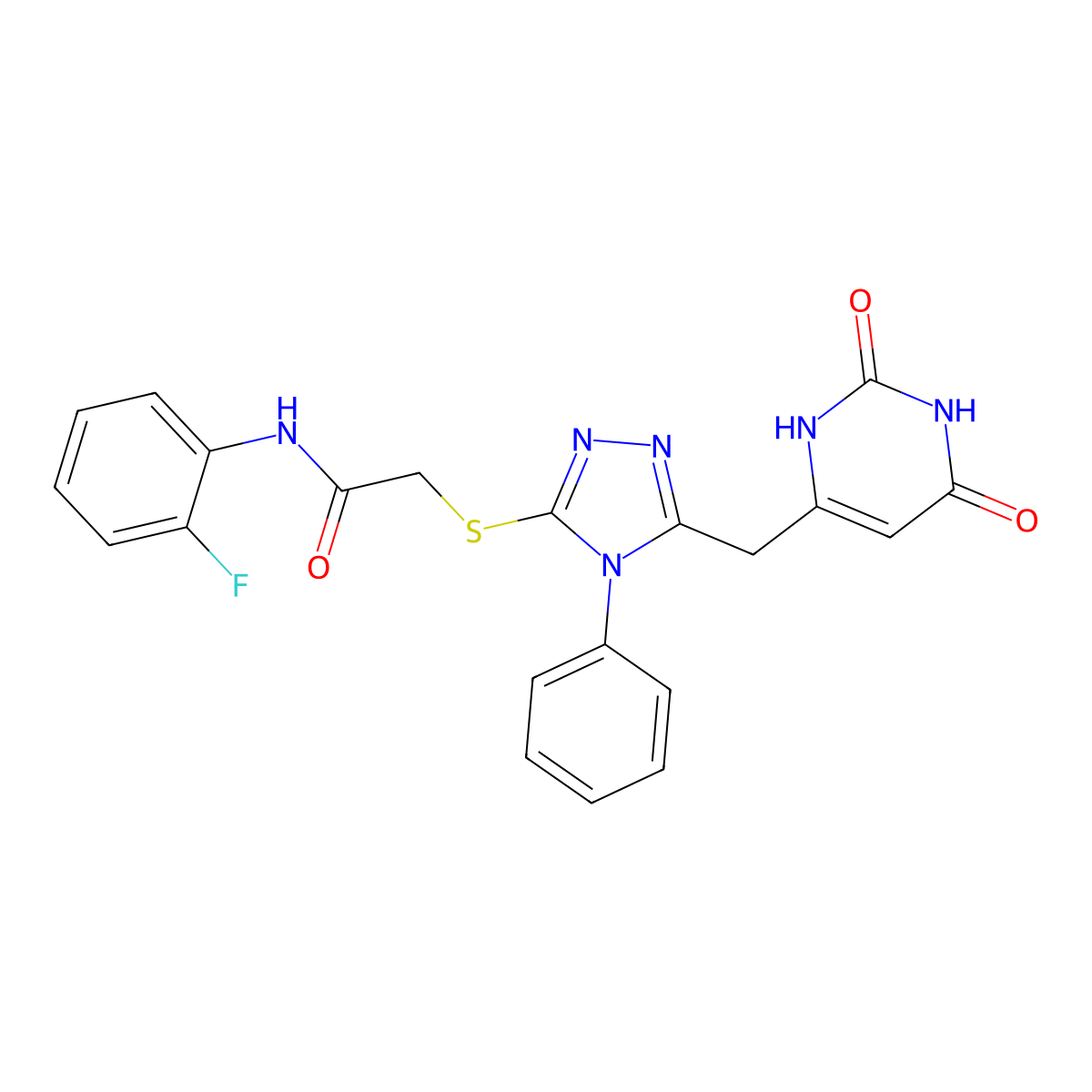 2-((5-((2,6-dioxo-1,2,3,6-tetrahydropyrimidin-4-yl)methyl)-4-phenyl-4H-1,2,4-triazol-3-yl)thio)-N-(2-fluorophenyl)acetamide molecular structure, CAS 852046-68-5