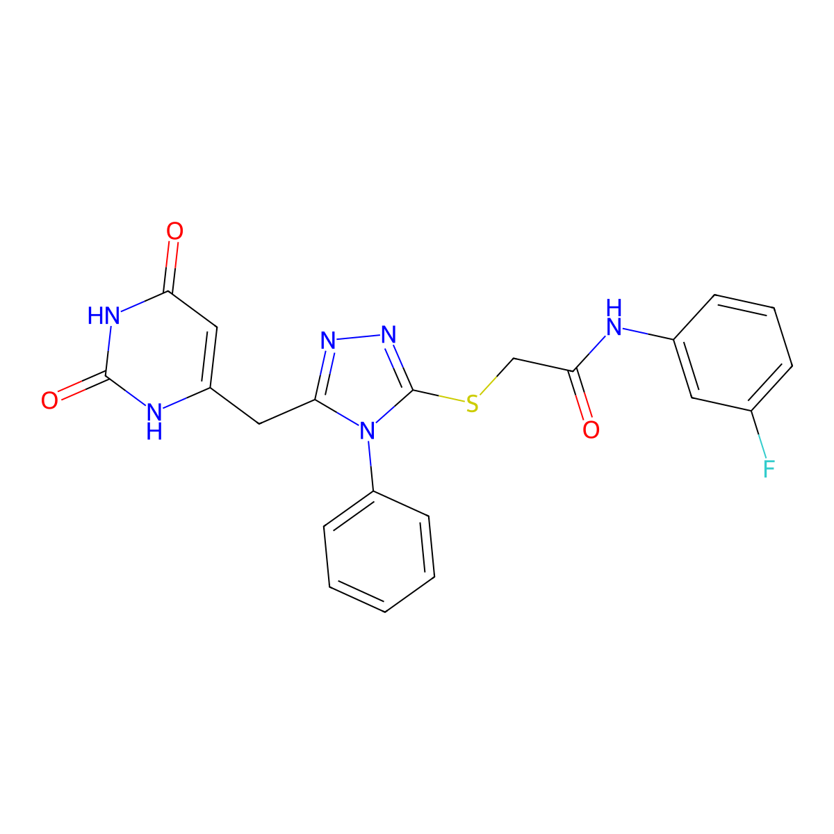2-((5-((2,6-dioxo-1,2,3,6-tetrahydropyrimidin-4-yl)methyl)-4-phenyl-4H-1,2,4-triazol-3-yl)thio)-N-(3-fluorophenyl)acetamide molecular structure, CAS 852046-69-6