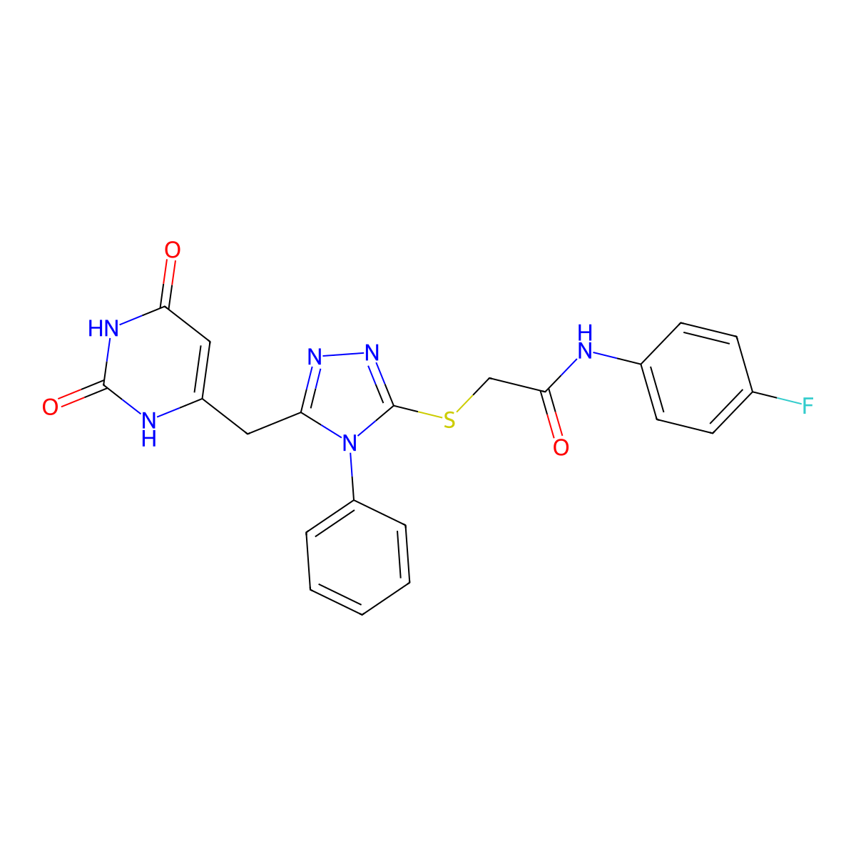 2-((5-((2,6-dioxo-1,2,3,6-tetrahydropyrimidin-4-yl)methyl)-4-phenyl-4H-1,2,4-triazol-3-yl)thio)-N-(4-fluorophenyl)acetamide molecular structure, CAS 852046-70-9