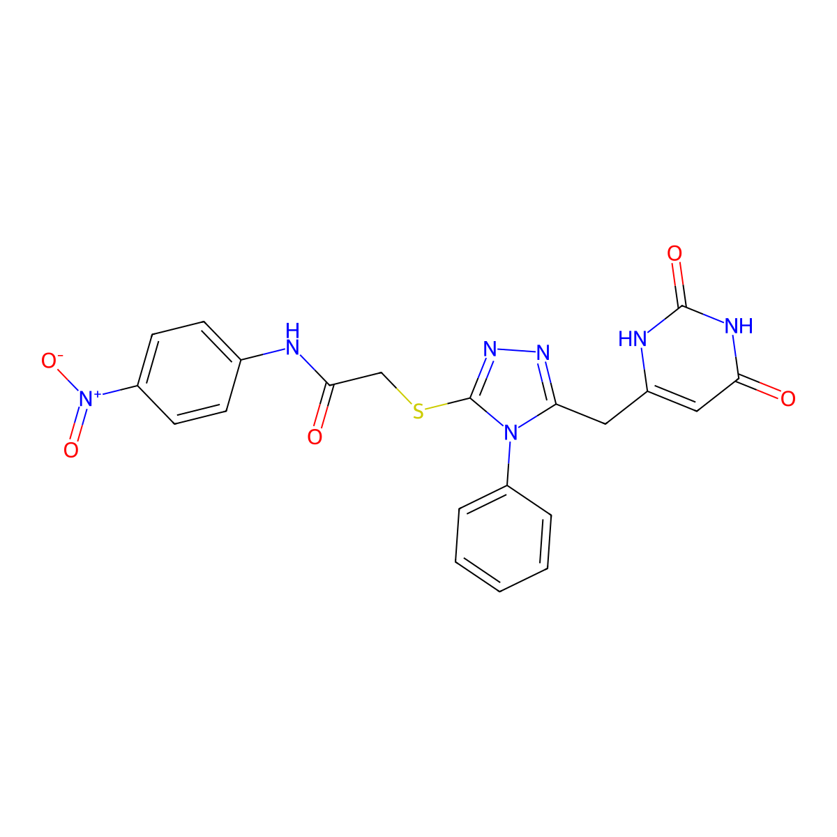 2-[[5-[(2,4-dioxo-1H-pyrimidin-6-yl)methyl]-4-phenyl-1,2,4-triazol-3-yl]sulfanyl]-N-(4-nitrophenyl)acetamide molecular structure, CAS 852046-88-9