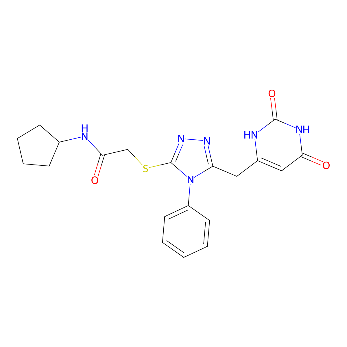 N-cyclopentyl-2-((5-((2,6-dioxo-1,2,3,6-tetrahydropyrimidin-4-yl)methyl)-4-phenyl-4H-1,2,4-triazol-3-yl)thio)acetamide molecular structure, CAS 852046-90-3
