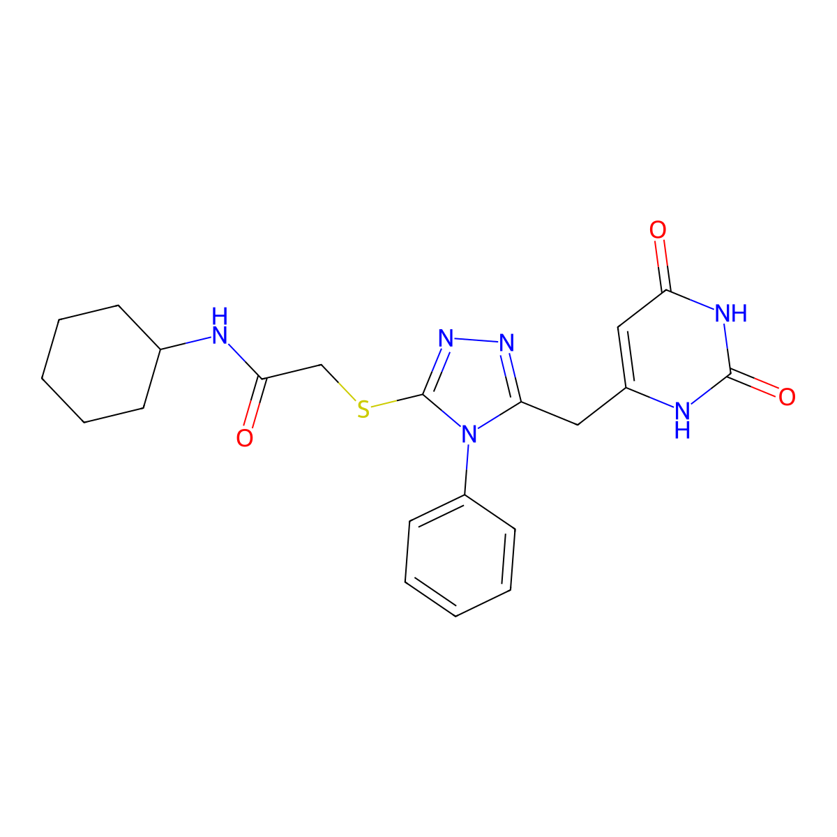 N-cyclohexyl-2-[[5-[(2,4-dioxo-1H-pyrimidin-6-yl)methyl]-4-phenyl-1,2,4-triazol-3-yl]sulfanyl]acetamide molecular structure, CAS 852046-92-5