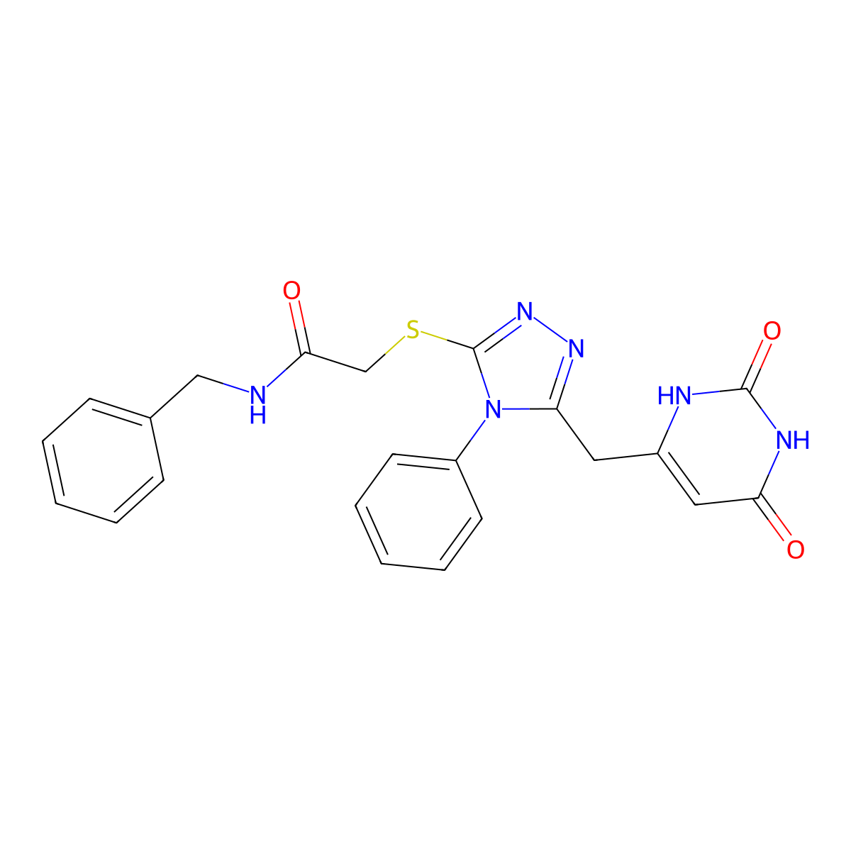 N-benzyl-2-((5-((2,6-dioxo-1,2,3,6-tetrahydropyrimidin-4-yl)methyl)-4-phenyl-4H-1,2,4-triazol-3-yl)thio)acetamide molecular structure, CAS 852046-94-7