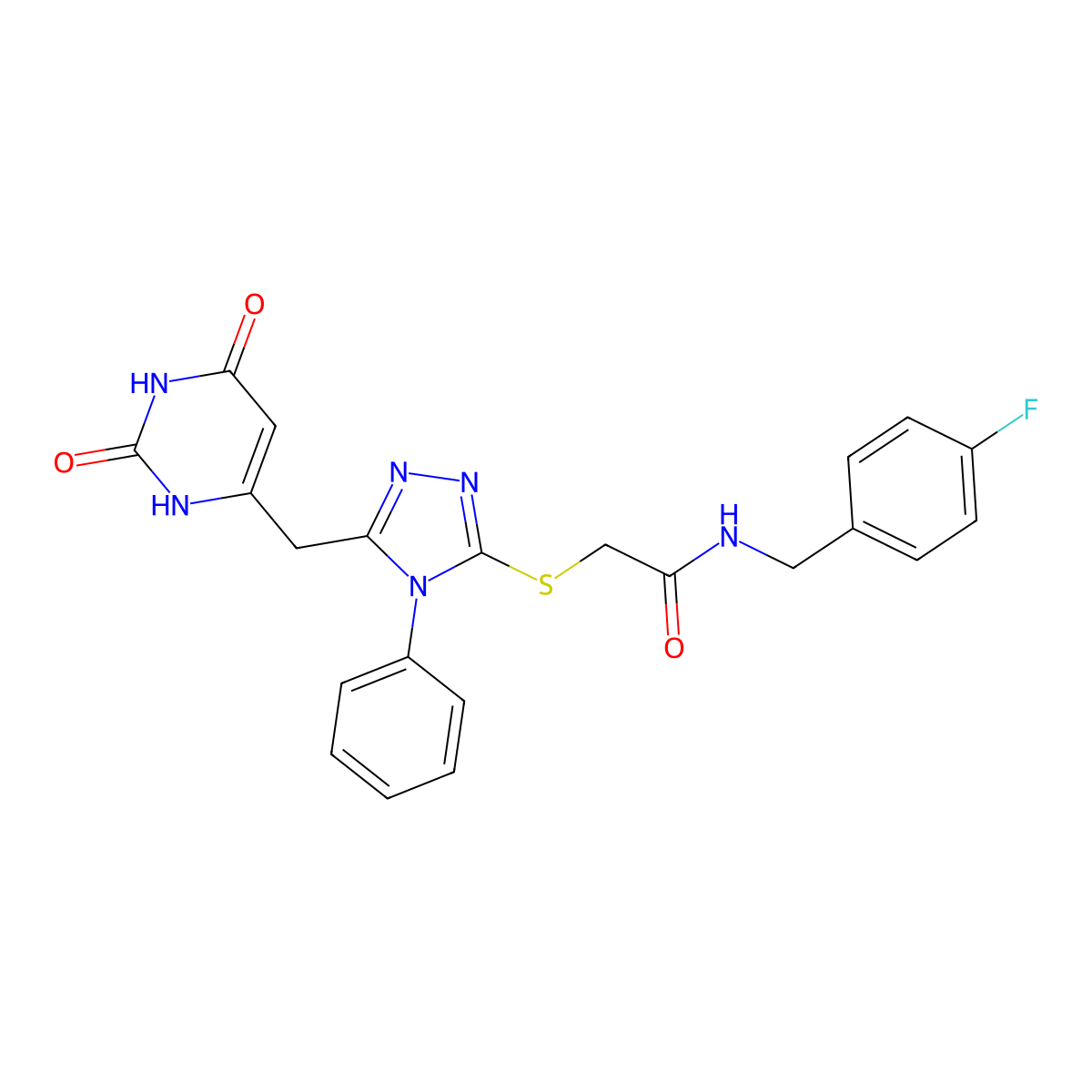2-[[5-[(2,4-dioxo-1H-pyrimidin-6-yl)methyl]-4-phenyl-1,2,4-triazol-3-yl]sulfanyl]-N-[(4-fluorophenyl)methyl]acetamide molecular structure, CAS 852046-95-8