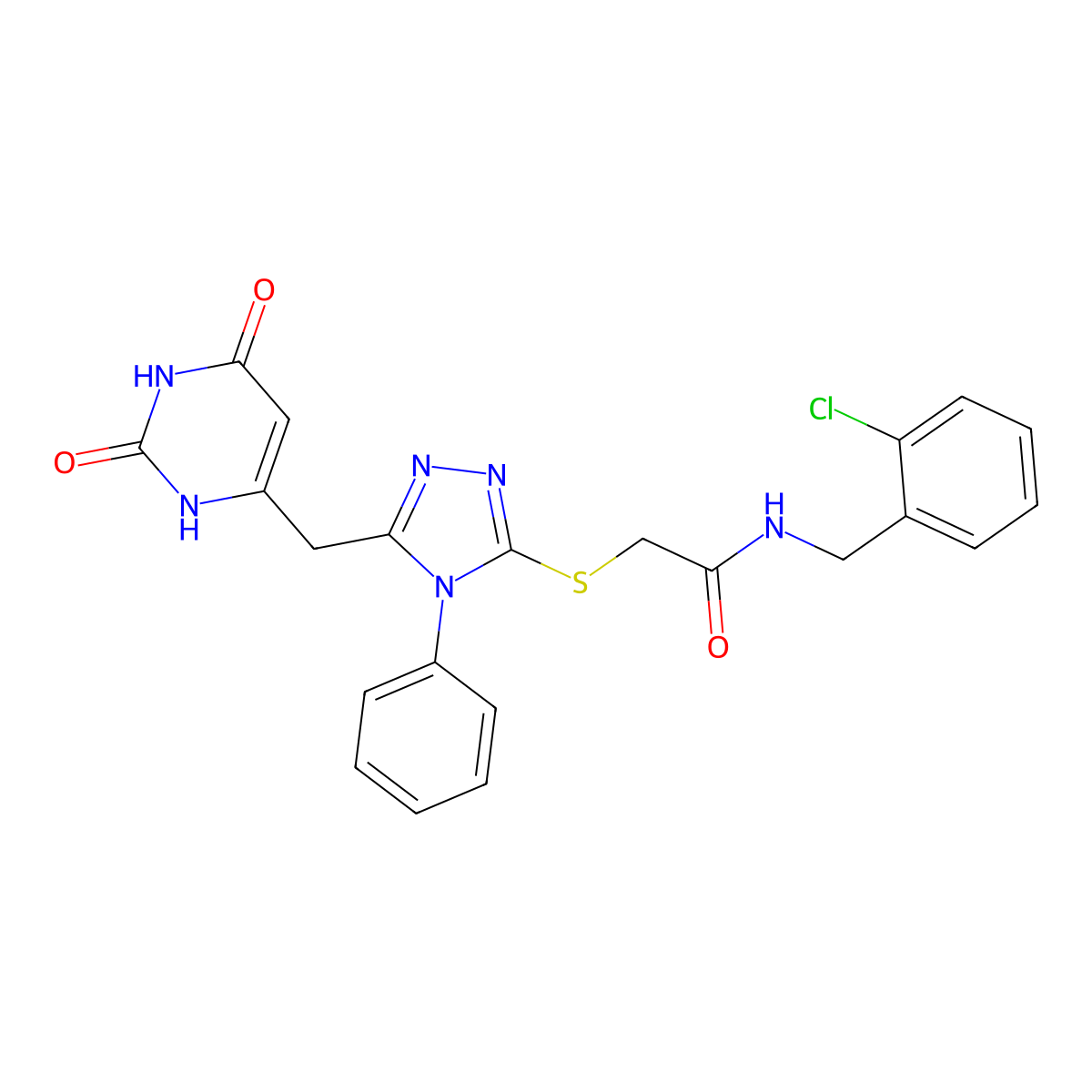 N-[(2-chlorophenyl)methyl]-2-[[5-[(2,4-dioxo-1H-pyrimidin-6-yl)methyl]-4-phenyl-1,2,4-triazol-3-yl]sulfanyl]acetamide molecular structure, CAS 852046-98-1