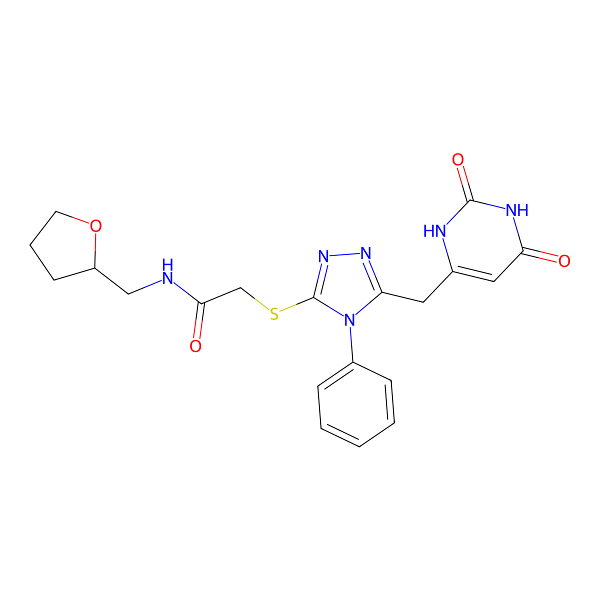2-[[5-[(2,4-dioxo-1H-pyrimidin-6-yl)methyl]-4-phenyl-1,2,4-triazol-3-yl]sulfanyl]-N-(oxolan-2-ylmethyl)acetamide molecular structure, CAS 852047-00-8