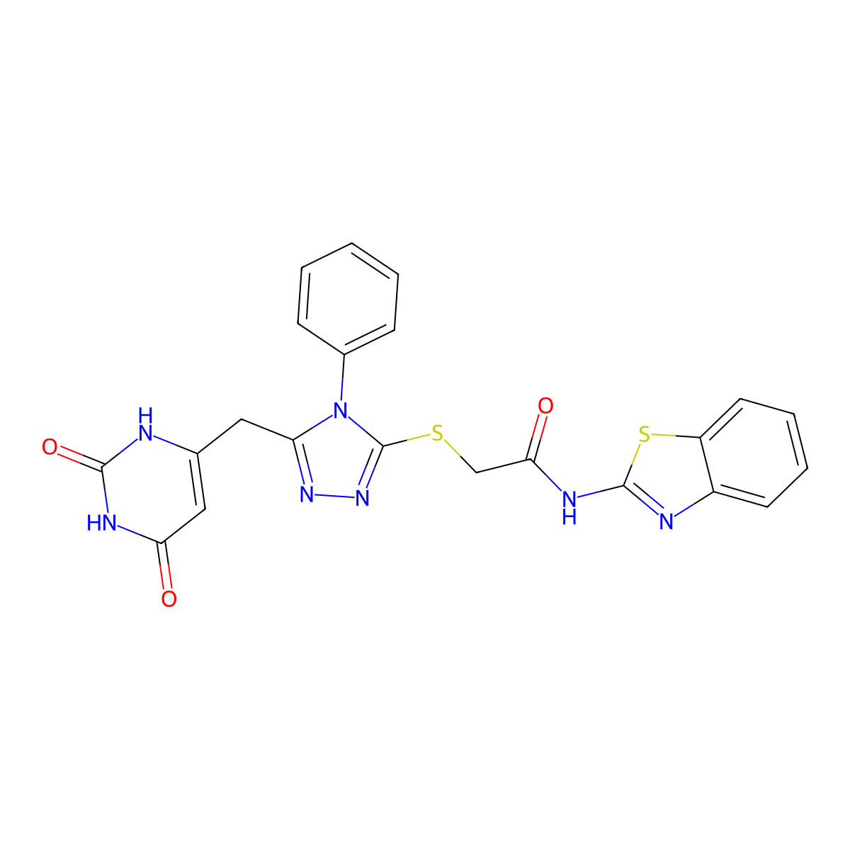 N-(benzo[d]thiazol-2-yl)-2-((5-((2,6-dioxo-1,2,3,6-tetrahydropyrimidin-4-yl)methyl)-4-phenyl-4H-1,2,4-triazol-3-yl)thio)acetamide molecular structure, CAS 852047-03-1