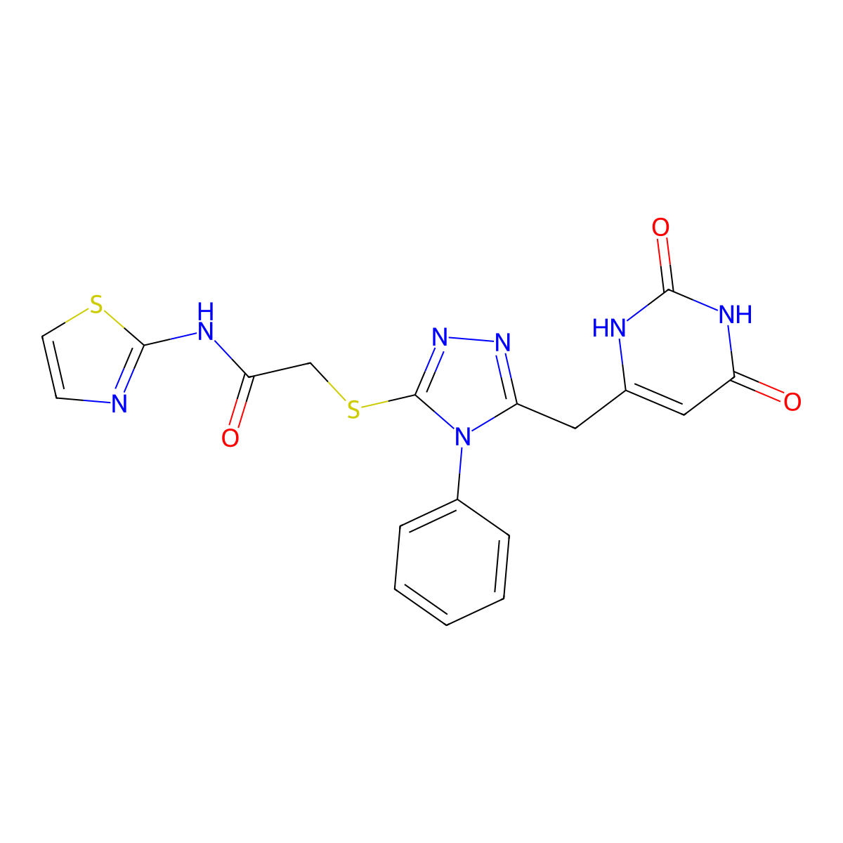 2-[[5-[(2,4-dioxo-1H-pyrimidin-6-yl)methyl]-4-phenyl-1,2,4-triazol-3-yl]sulfanyl]-N-(1,3-thiazol-2-yl)acetamide molecular structure, CAS 852047-04-2
