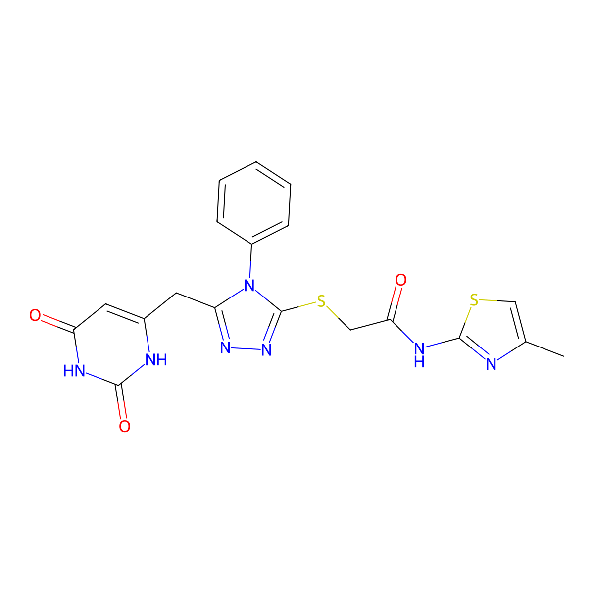2-[[5-[(2,4-dioxo-1H-pyrimidin-6-yl)methyl]-4-phenyl-1,2,4-triazol-3-yl]sulfanyl]-N-(4-methyl-1,3-thiazol-2-yl)acetamide molecular structure, CAS 852047-05-3
