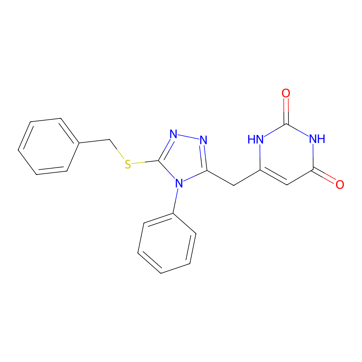 6-((5-(benzylthio)-4-phenyl-4H-1,2,4-triazol-3-yl)methyl)pyrimidine-2,4(1H,3H)-dione molecular structure, CAS 852047-09-7
