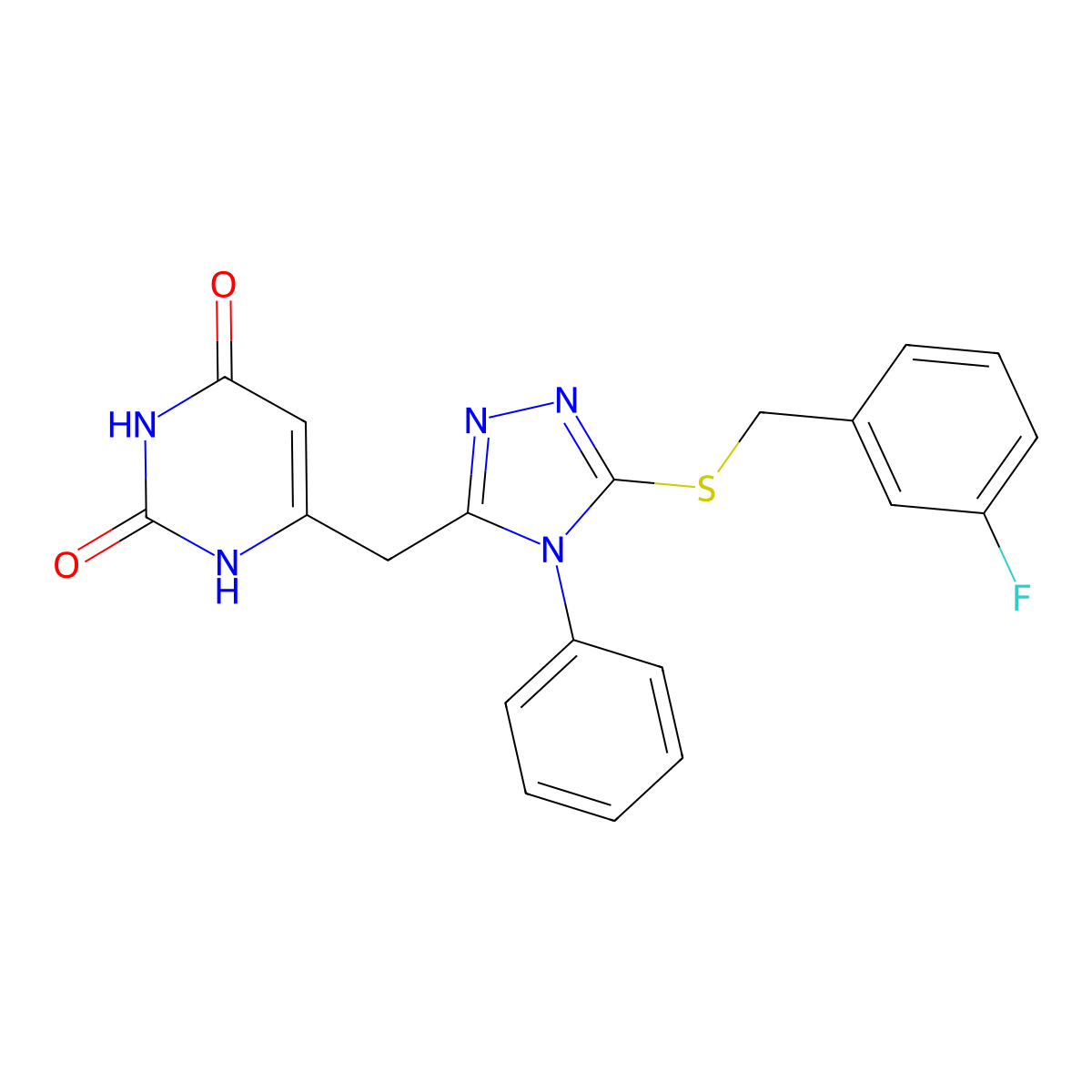 6-((5-((3-fluorobenzyl)thio)-4-phenyl-4H-1,2,4-triazol-3-yl)methyl)pyrimidine-2,4(1H,3H)-dione molecular structure, CAS 852047-10-0