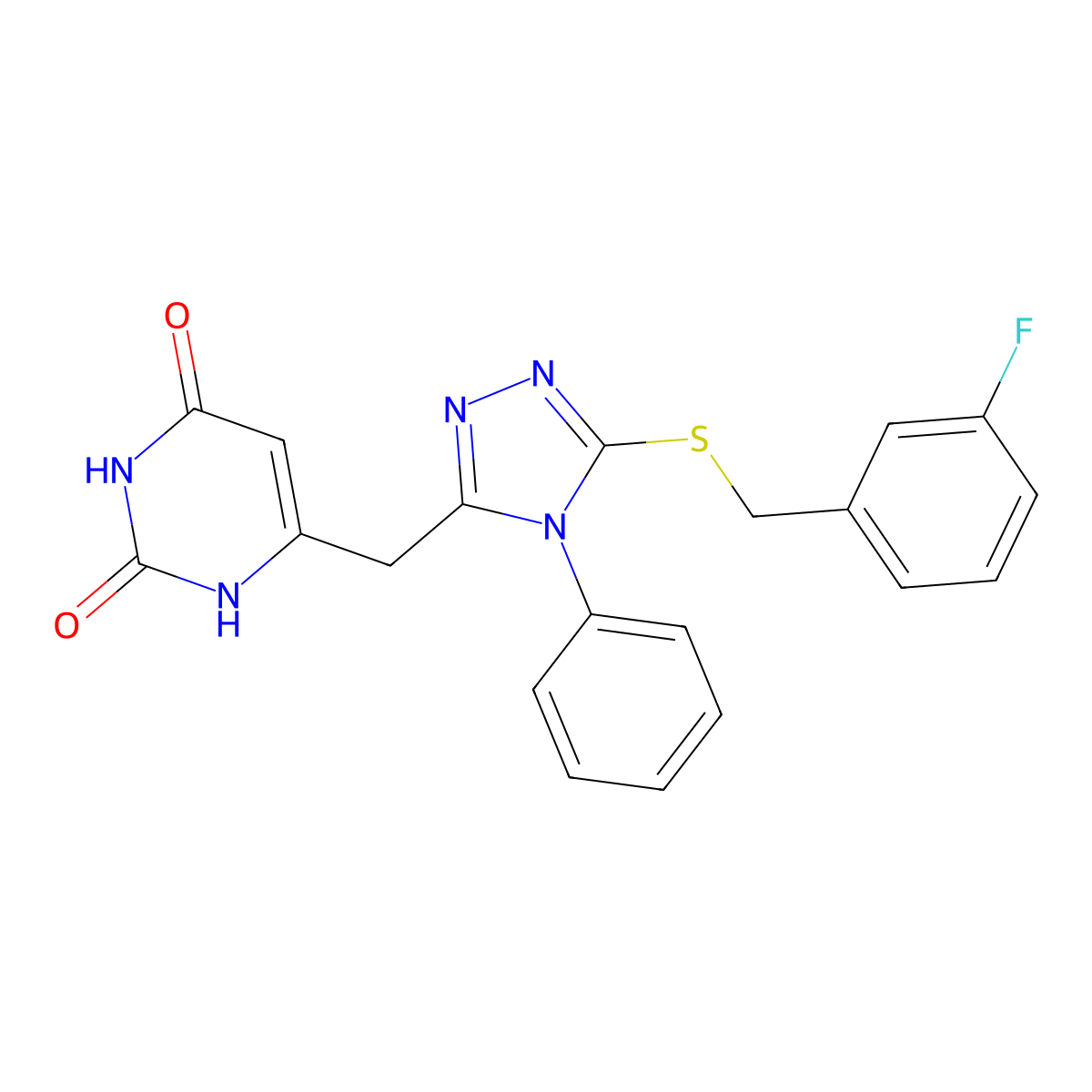 6-((5-((3-fluorobenzyl)thio)-4-phenyl-4H-1,2,4-triazol-3-yl)methyl)pyrimidine-2,4(1H,3H)-dione molecular structure, CAS 852047-10-0