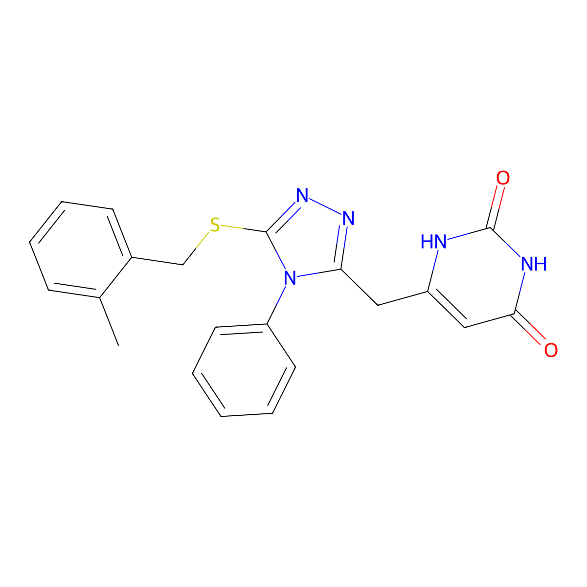 6-((5-((2-methylbenzyl)thio)-4-phenyl-4H-1,2,4-triazol-3-yl)methyl)pyrimidine-2,4(1H,3H)-dione molecular structure, CAS 852047-13-3