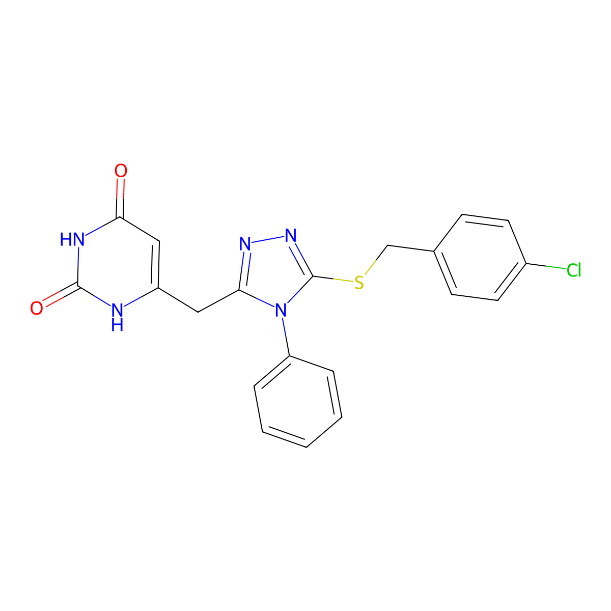 6-[[5-[(4-chlorophenyl)methylsulfanyl]-4-phenyl-1,2,4-triazol-3-yl]methyl]-1H-pyrimidine-2,4-dione molecular structure, CAS 852047-14-4