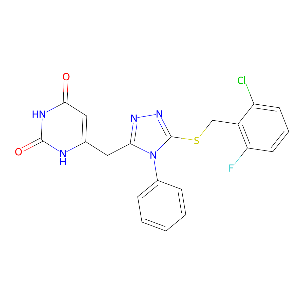 6-[[5-[(2-chloro-6-fluorophenyl)methylsulfanyl]-4-phenyl-1,2,4-triazol-3-yl]methyl]-1H-pyrimidine-2,4-dione molecular structure, CAS 852047-16-6