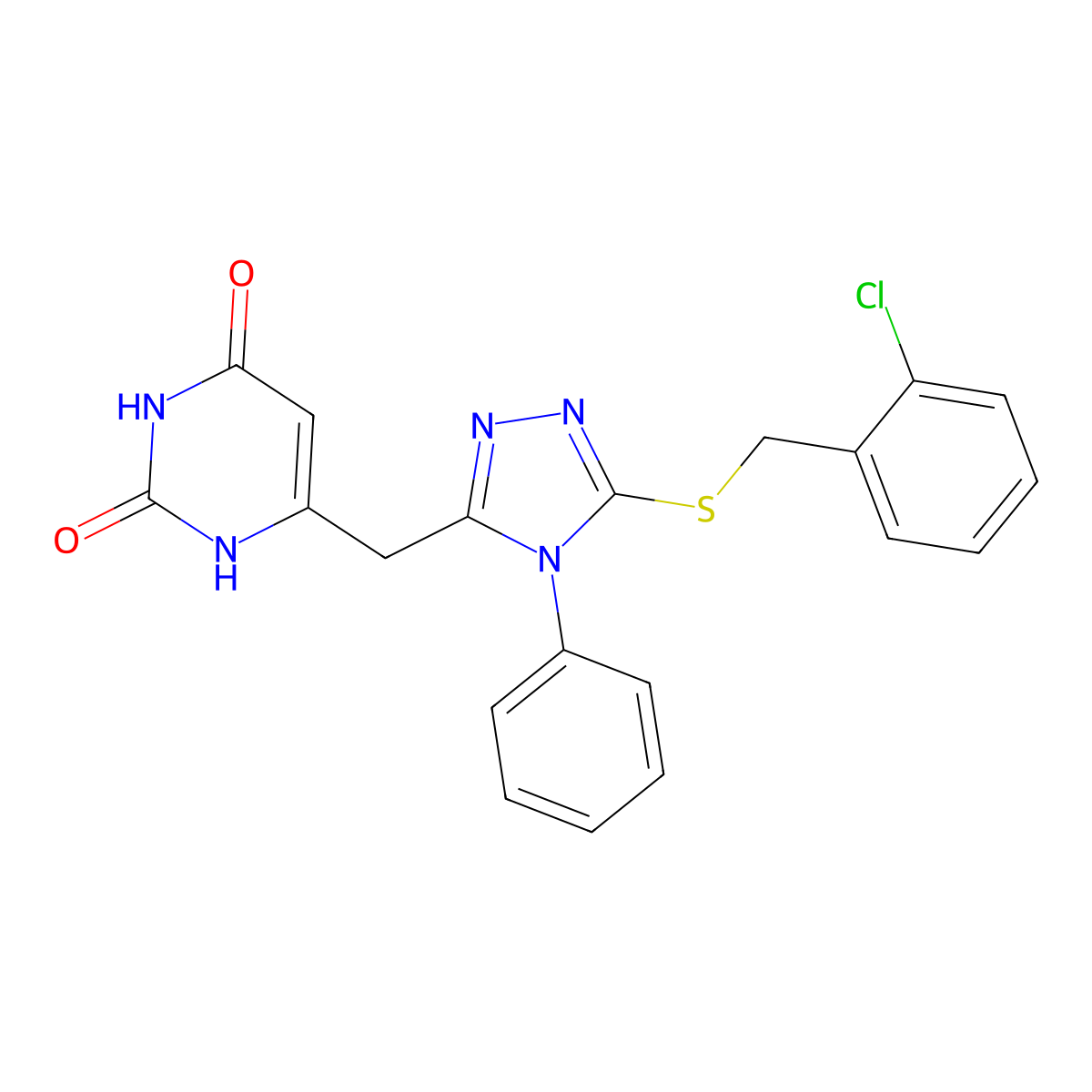6-[[5-[(2-chlorophenyl)methylsulfanyl]-4-phenyl-1,2,4-triazol-3-yl]methyl]-1H-pyrimidine-2,4-dione molecular structure, CAS 852047-17-7