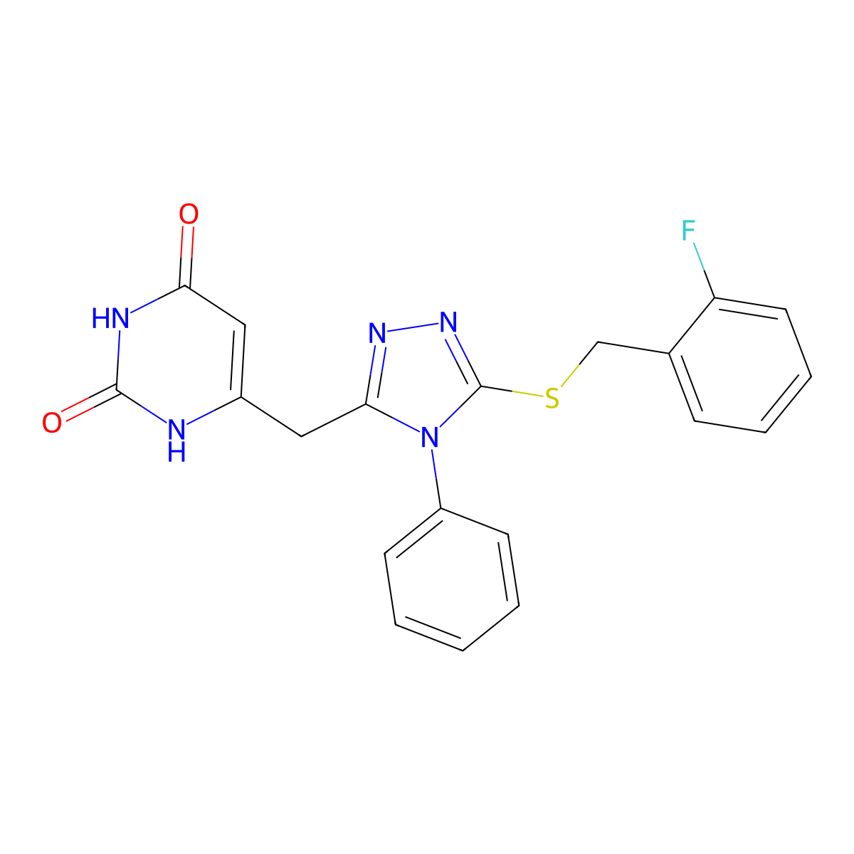 6-((5-((2-fluorobenzyl)thio)-4-phenyl-4H-1,2,4-triazol-3-yl)methyl)pyrimidine-2,4(1H,3H)-dione molecular structure, CAS 852047-20-2