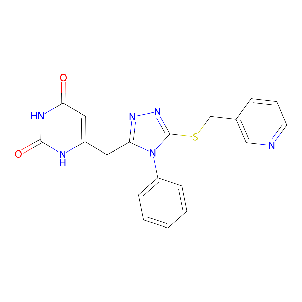 6-((4-phenyl-5-((pyridin-3-ylmethyl)thio)-4H-1,2,4-triazol-3-yl)methyl)pyrimidine-2,4(1H,3H)-dione molecular structure, CAS 852047-21-3
