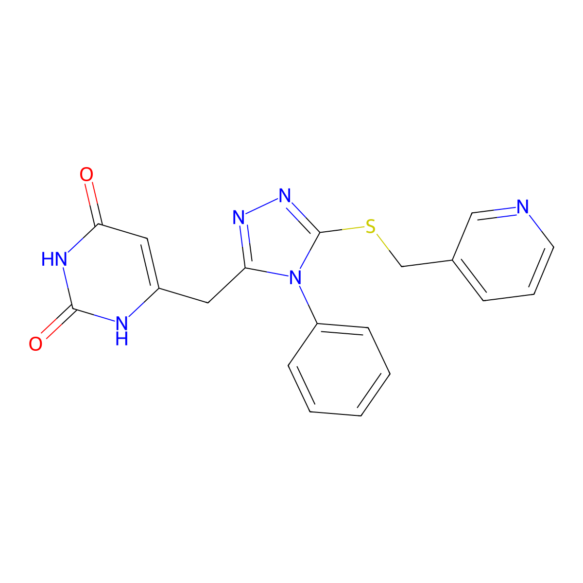 6-((4-phenyl-5-((pyridin-3-ylmethyl)thio)-4H-1,2,4-triazol-3-yl)methyl)pyrimidine-2,4(1H,3H)-dione molecular structure, CAS 852047-21-3