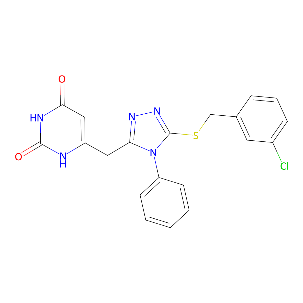 6-[[5-[(3-chlorophenyl)methylsulfanyl]-4-phenyl-1,2,4-triazol-3-yl]methyl]-1H-pyrimidine-2,4-dione molecular structure, CAS 852047-22-4