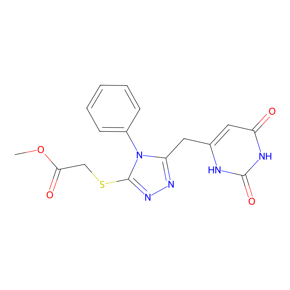 methyl 2-[[5-[(2,4-dioxo-1H-pyrimidin-6-yl)methyl]-4-phenyl-1,2,4-triazol-3-yl]sulfanyl]acetate molecular structure, CAS 852047-24-6