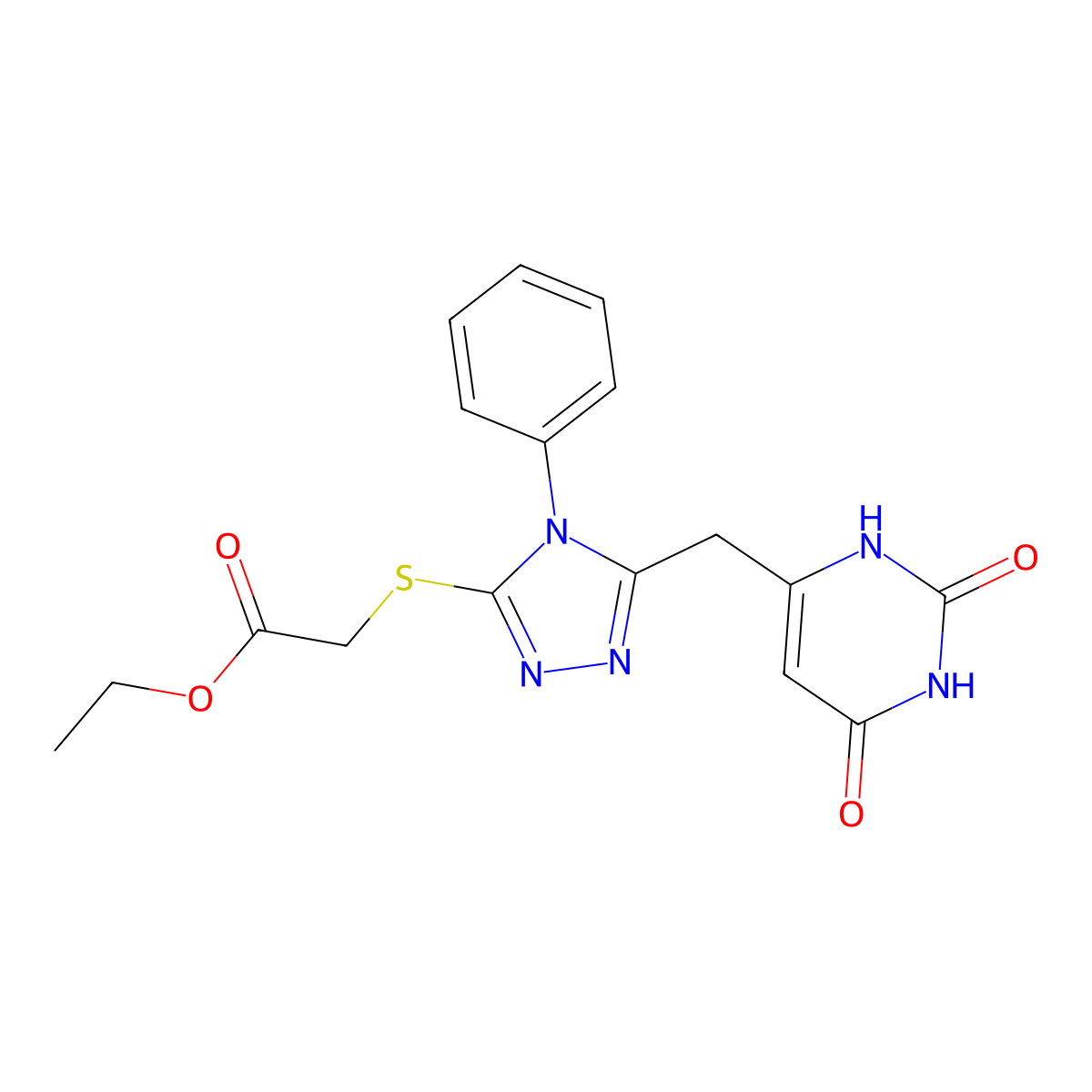 ethyl 2-[[5-[(2,4-dioxo-1H-pyrimidin-6-yl)methyl]-4-phenyl-1,2,4-triazol-3-yl]sulfanyl]acetate molecular structure, CAS 852047-25-7