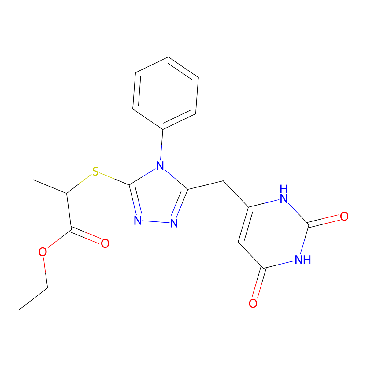 ethyl 2-[[5-[(2,4-dioxo-1H-pyrimidin-6-yl)methyl]-4-phenyl-1,2,4-triazol-3-yl]sulfanyl]propanoate molecular structure, CAS 852047-26-8