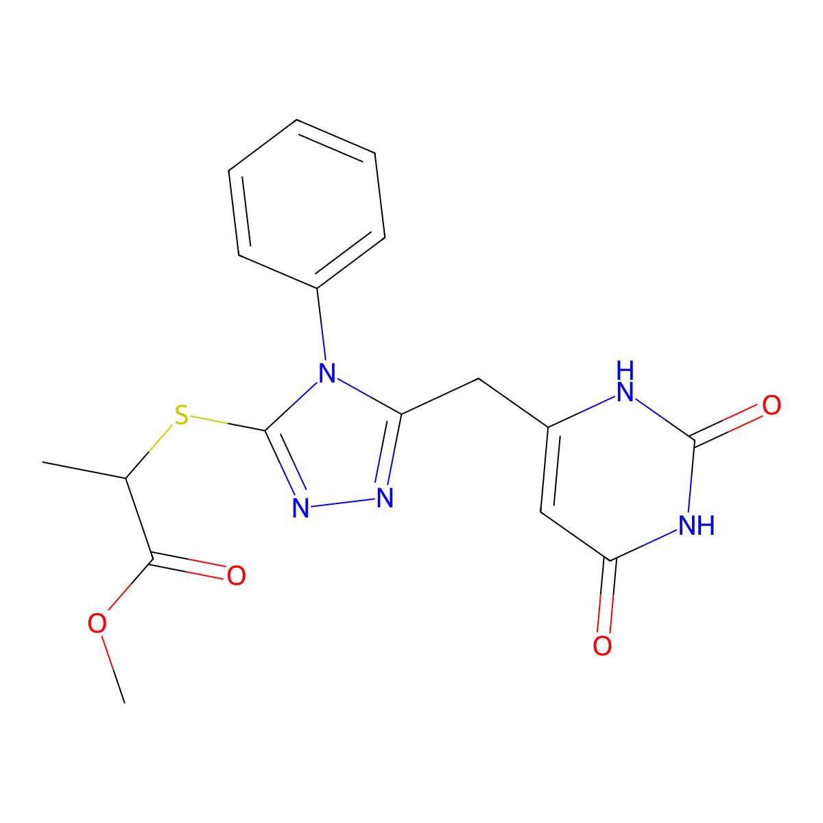 methyl 2-[[5-[(2,4-dioxo-1H-pyrimidin-6-yl)methyl]-4-phenyl-1,2,4-triazol-3-yl]sulfanyl]propanoate molecular structure, CAS 852047-27-9