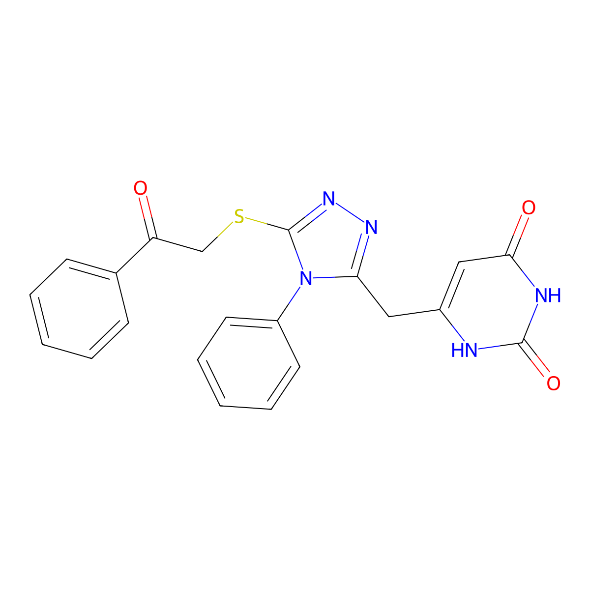 6-[(5-phenacylsulfanyl-4-phenyl-1,2,4-triazol-3-yl)methyl]-1H-pyrimidine-2,4-dione molecular structure, CAS 852047-28-0