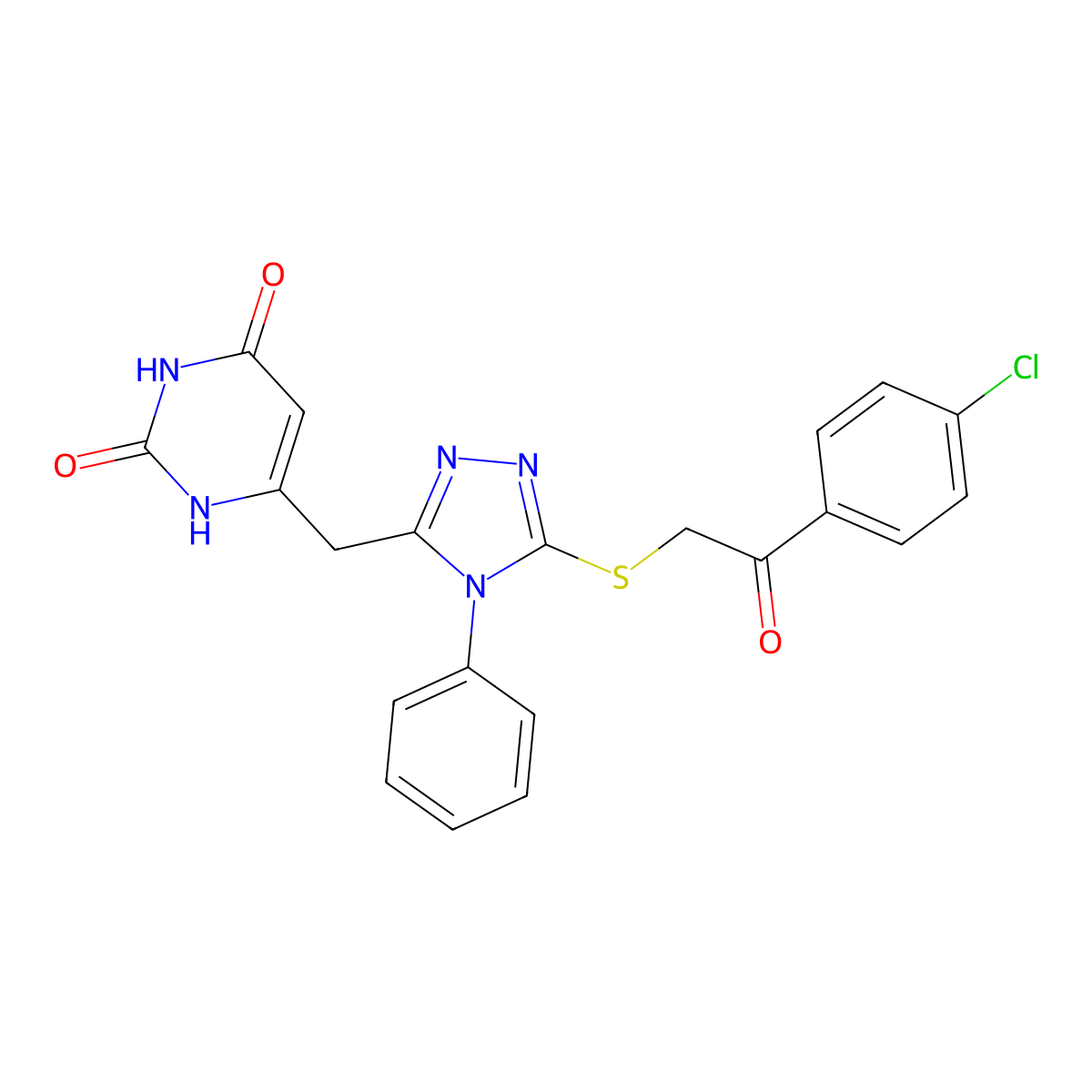 6-((5-((2-(4-chlorophenyl)-2-oxoethyl)thio)-4-phenyl-4H-1,2,4-triazol-3-yl)methyl)pyrimidine-2,4(1H,3H)-dione molecular structure, CAS 852047-29-1