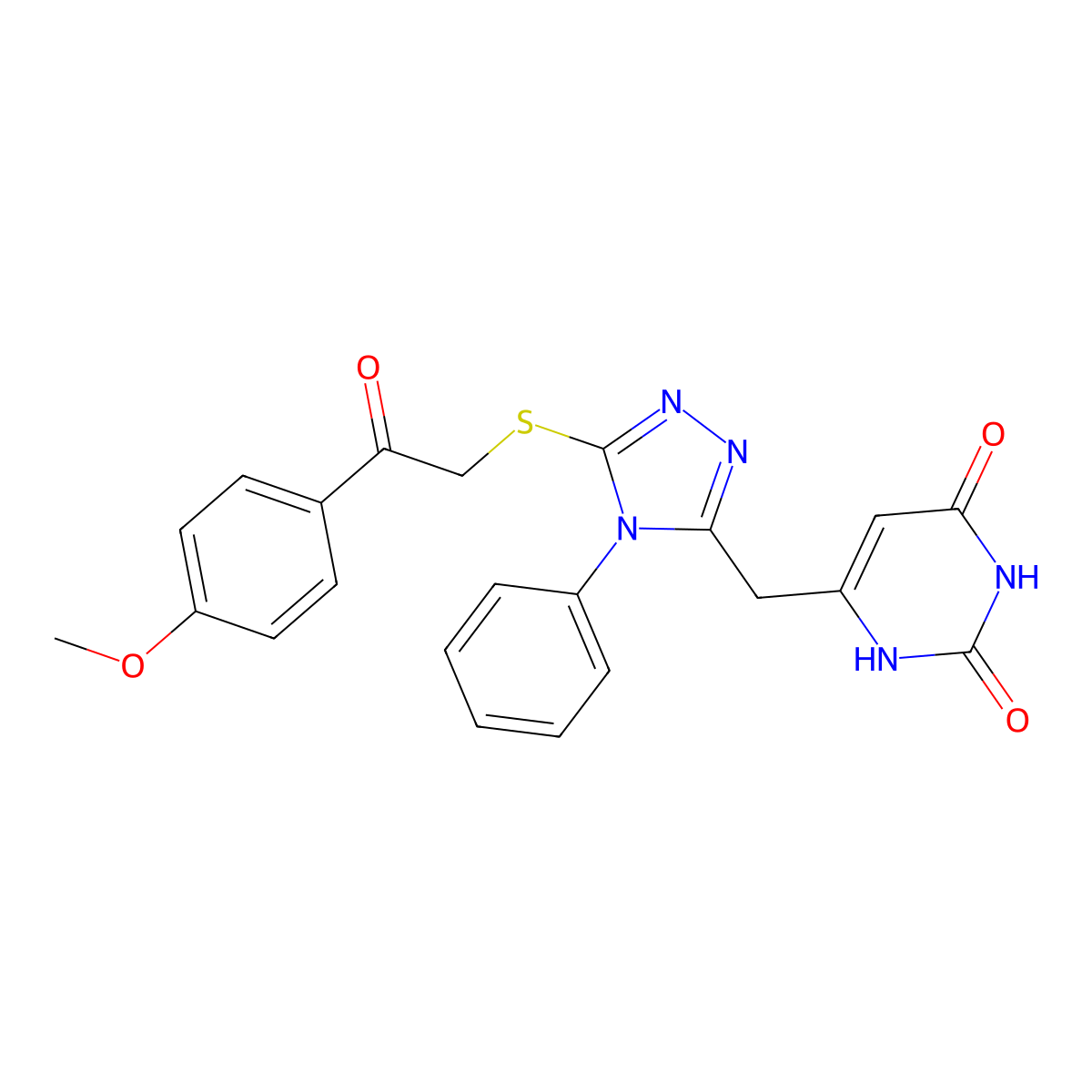 6-((5-((2-(4-methoxyphenyl)-2-oxoethyl)thio)-4-phenyl-4H-1,2,4-triazol-3-yl)methyl)pyrimidine-2,4(1H,3H)-dione molecular structure, CAS 852047-30-4
