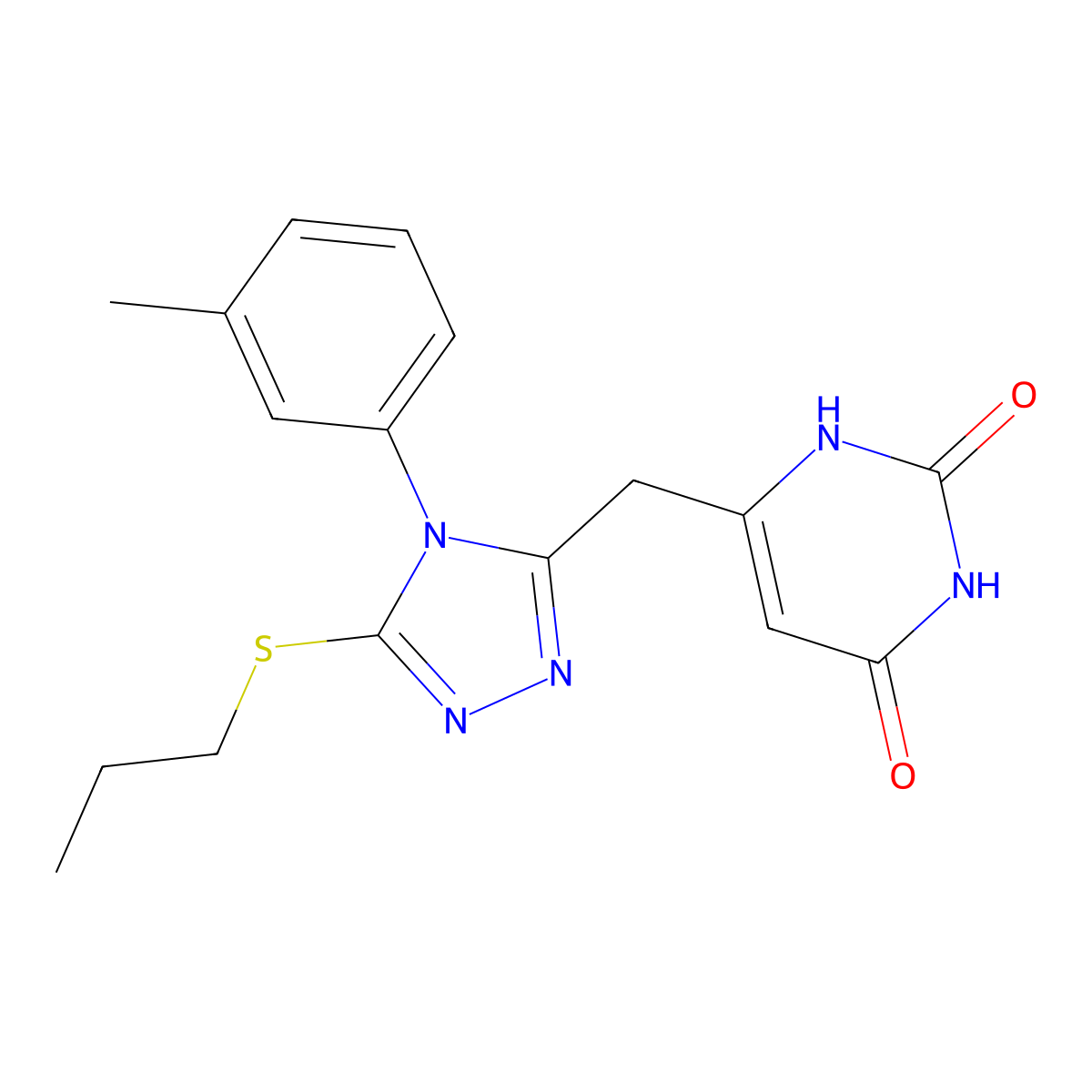 6-((5-(propylthio)-4-(m-tolyl)-4H-1,2,4-triazol-3-yl)methyl)pyrimidine-2,4(1H,3H)-dione molecular structure, CAS 852047-33-7