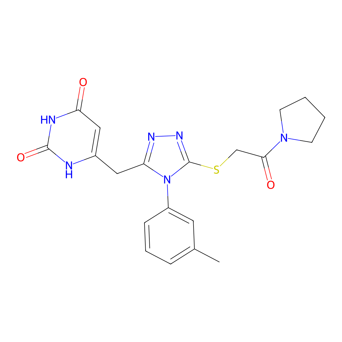 6-((5-((2-oxo-2-(pyrrolidin-1-yl)ethyl)thio)-4-(m-tolyl)-4H-1,2,4-triazol-3-yl)methyl)pyrimidine-2,4(1H,3H)-dione molecular structure, CAS 852047-37-1